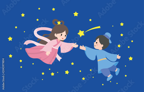 七夕の織姫と彦星の可愛いイラスト素材（天の川を飛ぶ・再会）