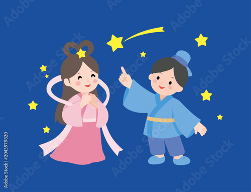 七夕の織姫と彦星の可愛いイラスト素材（星空を見上げる・指差し）