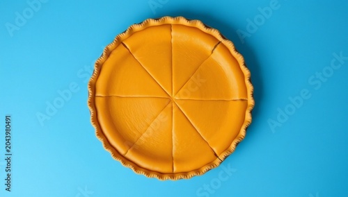 Golden brown pie divided into equal slices on a blue background