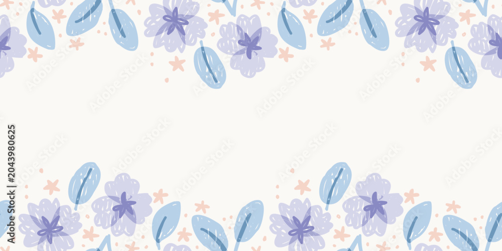 Obraz premium Horizontal floral border template with top and bottom violet flowers decoration