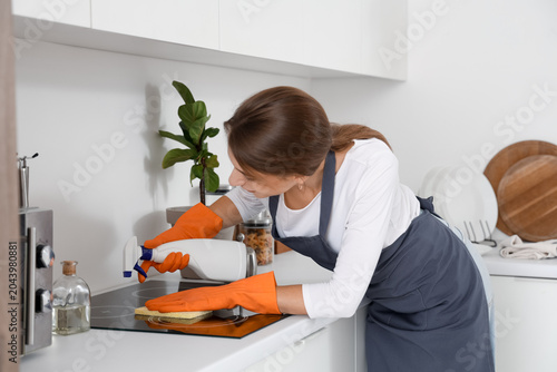 Female janitor cleaning ele...