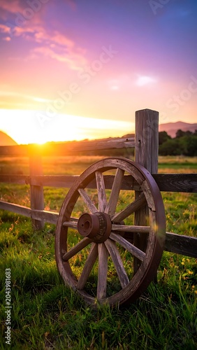 A serene rural landscape at sunset with a rustic fence