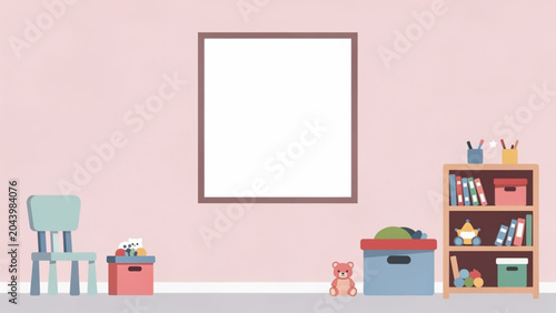 Minimalist Nursery Room Interior with Childs Chair and Shelves.