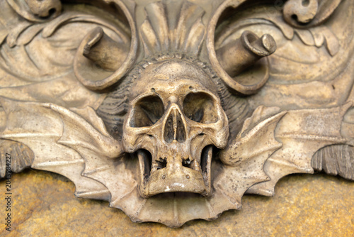 Skull Carving Detail inside Durham Cathedral in Durham, County Durham, England, UK