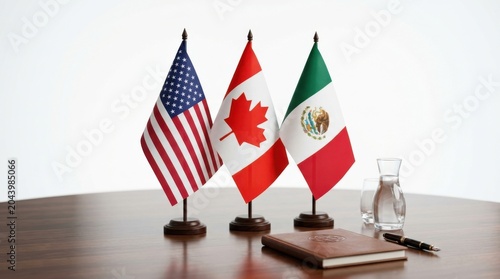 Miniature flags of usa canada and mexico on office desk for diplomacy concept