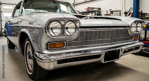 Restored Silver Classic American Muscle Car in Professional Auto Repair Shop