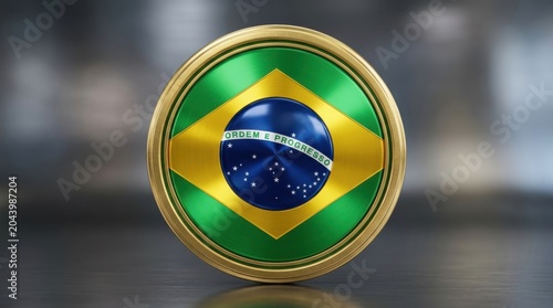 Circular golden medallion with brazilian national flag emblem, medallion
