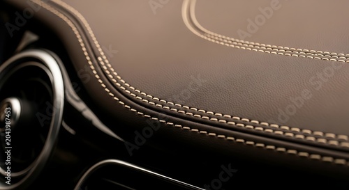 Luxury Car Interior Detail with Brown Leather Dashboard and Contrast Stitching