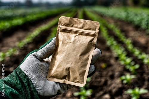 Hand holding seed packet bag in agricultural field farming concept