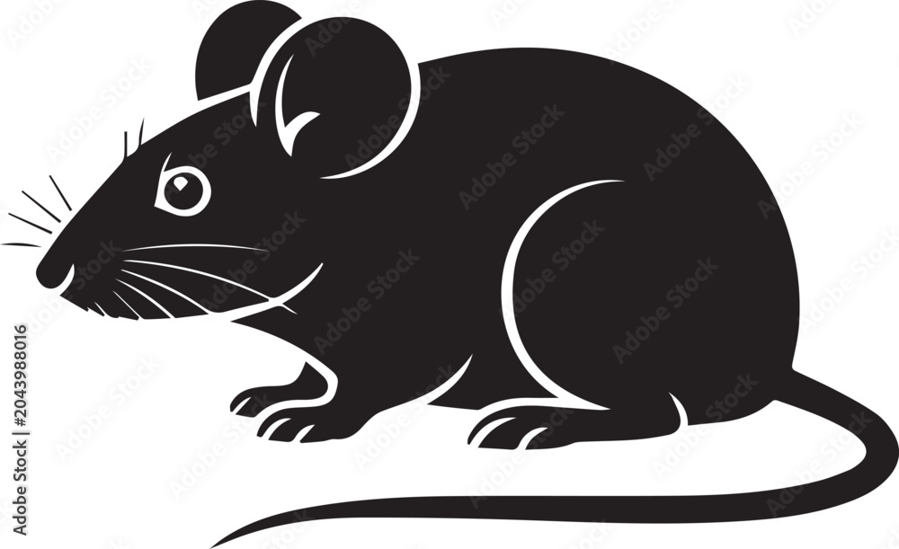 Fototapeta premium Black silhouette of a cute mouse isolated on white background in simple flat vector illustration style for design elements
