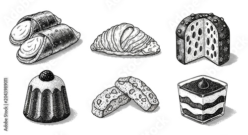 Artistic Sketch Collection of Assorted Baked Pastries and Desserts on a White Background