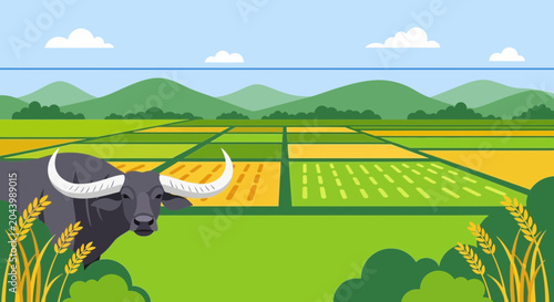 Buffalo in a Vibrant Paddy Field with Lush Green Hills and Blue Sky