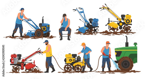 Farmers and Tillers Working in Muddy Fields with Agricultural Machinery