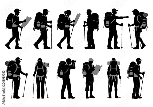 Diverse silhouettes of hikers and backpackers engaged in various outdoor activities, such as map reading and pointing, isolated on white.