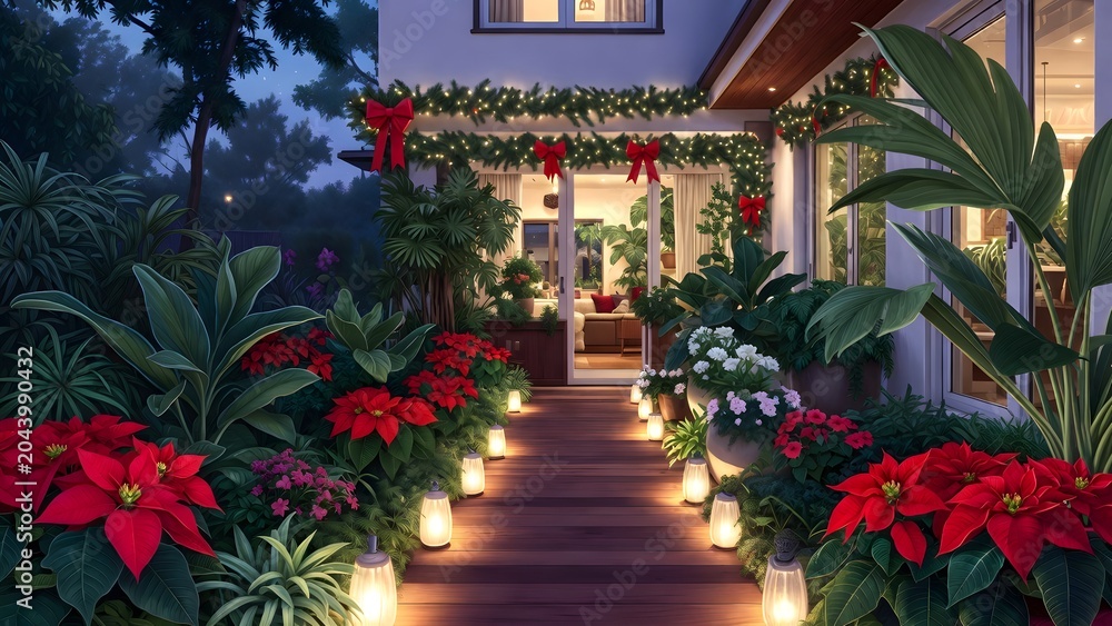 Obraz premium Subject: A cozy and festive outdoor holiday setting featuring a wooden pathway illuminated with soft ground lights, surrounded by vibrant poinsettias and lush greenery, leading toward a house adorned 