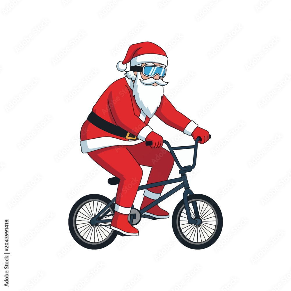 Naklejka premium Vector illustration of Santa Claus wearing a traditional red suit, white beard, and blue goggles while riding a black BMX bicycle, isolated on a solid white background.