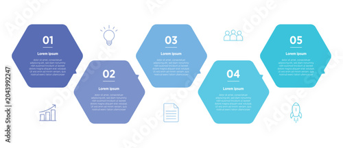 Fotografía A modern 5-step hexagon infographic template designed to clearly present processes, options, or key points in a visually engaging hexagonal layout—perfect for business presentations, reports