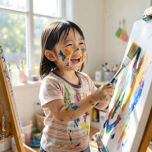 Joyful little Asian girl covered in paint laughing while creating art.