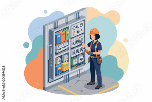 Female electrician monitoring industrial control panel switchboard