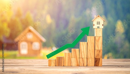 “A wooden house rises atop ascending blocks with a green arrow, symbolizing property growth, investment success, and the natural momentum of real estate markets under sunlight.”