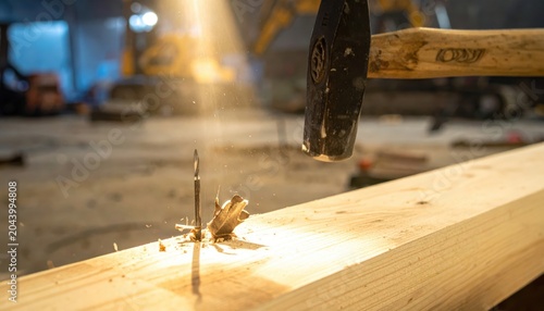 Skilled hands meticulously hammer a wooden joint into place during a construction project, showcasing traditional carpentry techniques.