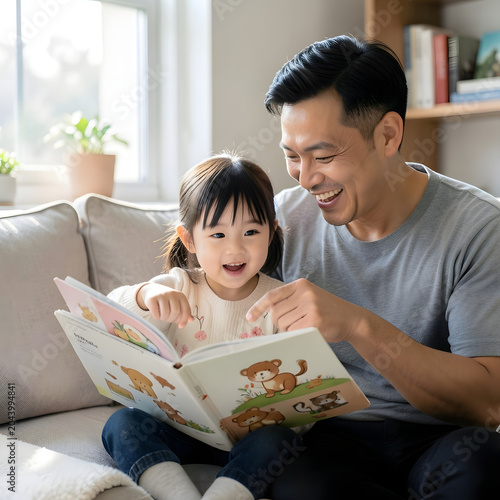 Happy little Asian girl and father sharing a picture book in a cozy reading nook.