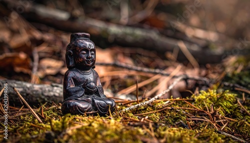Small intricately carved wooden Buddha effigy with a dark polished finish, seated serenely on mossy forest ground.