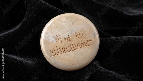Small unfired clay tablet featuring delicate Linear B script markings on a dark textured background, an ancient artifact for historical study