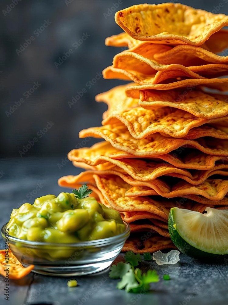 Obraz premium A stack of golden-brown tortilla chips served with a side of fresh guacamole, appetizers, delicious