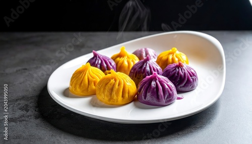 Vibrant Assortment of Steamed Dumplings in Purple and Yellow Hues on a White Plate