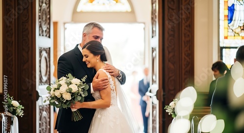 Emotional Father Hugging Bride in Church During Wedding Ceremony