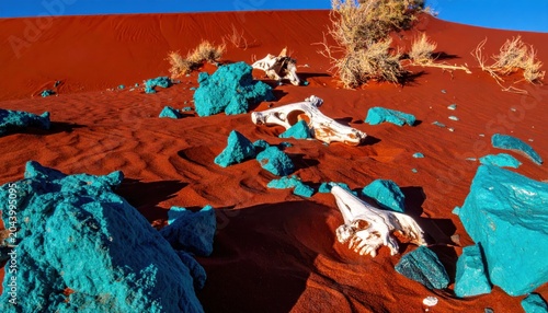 Vibrant Raw Turquoise Stones and Animal Skulls Scattered Across Arid Desert Sands