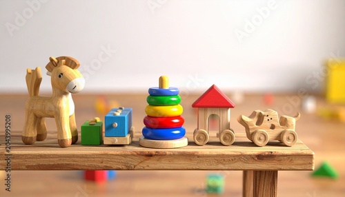 “Classic wooden toys—horse, castle, stacking rings, and towers—rest on a table, symbolizing childhood imagination, play, and the timeless artistry of learning through creativity.”
