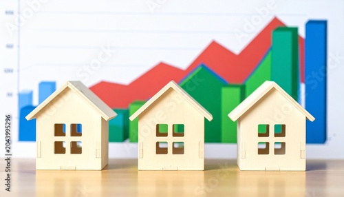 “A wooden house rises atop ascending blocks with a green arrow, symbolizing property growth, investment success, and the natural momentum of real estate markets under sunlight.”