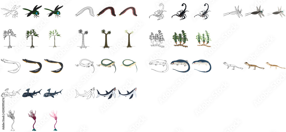 Obraz premium 石炭紀の古生物のデフォルメイラストセット