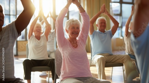 A group of happy elderly people sitting and stretching their arms upward during a chair yoga or exercise class in a bright, sunny room.