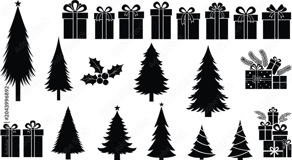 Obraz premium Black silhouette christmas elements collection trees gifts and holly