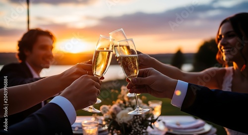 Joyful Wedding Toast at Sunset Couple and Friends Celebrate with Champagne