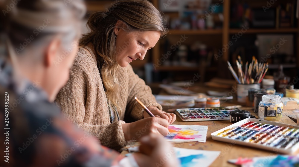 Fototapeta premium Two women engaged in painting at a cluttered table filled with brushes, paints, and art supplies in a cozy, creative setting.