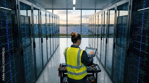 Technician maintaining server racks in data center with view of solar panels and wind turbines outside, green energy powered IT infrastructure and sustainability concept