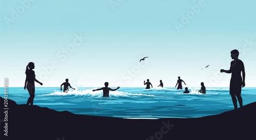 Minimalist vector illustration featuring dark silhouettes of people swimming, wading, and playing in blue ocean waves with seagulls flying in a pale blue sky over the sea shore.