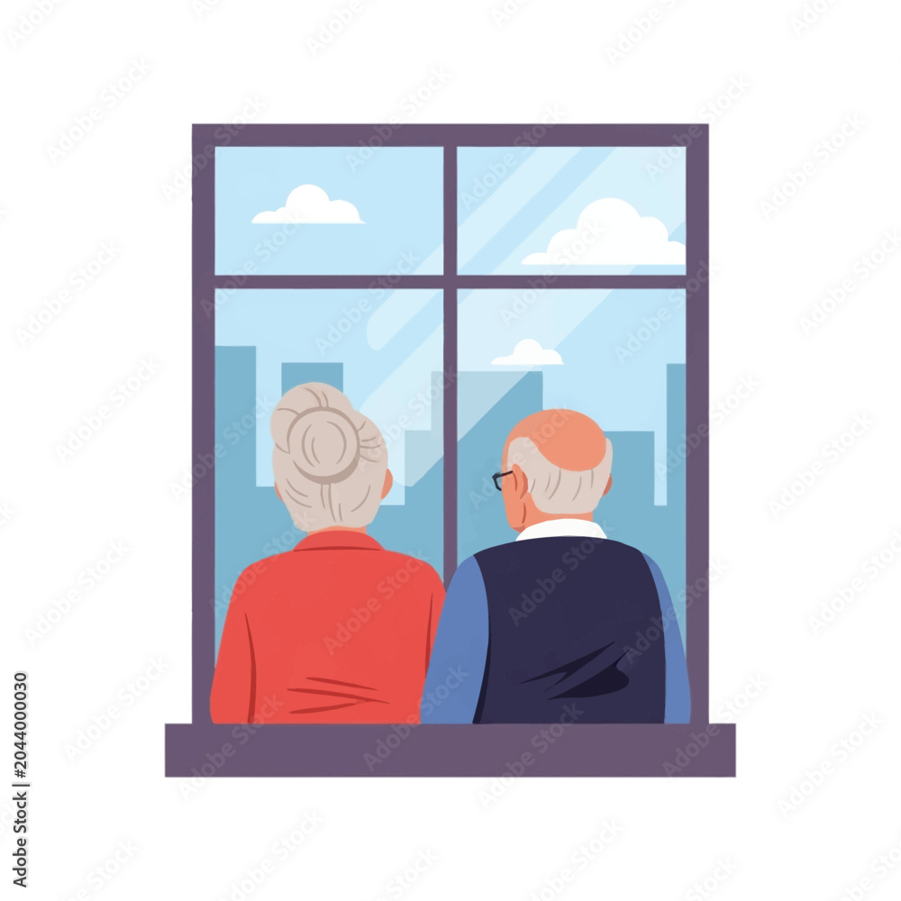 Fototapeta premium Flat vector illustration of an elderly senior couple viewed from behind, looking through a large glass window at a city skyline with buildings and clouds under a bright blue sky.
