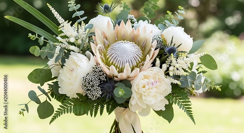 Elegant White Protea Wedding Bouquet with Eucalyptus and Ferns Romantic Bridal Flowers for Special Occasions