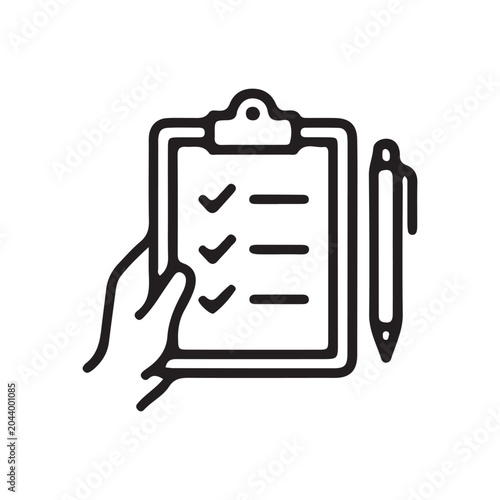 Checklist, clipboard, hand, pen, to-do list, task management, line icon, black
