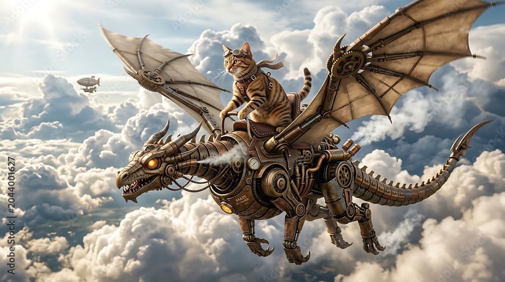 Fototapeta premium Steampunk cat riding mechanical dragon above clouds
