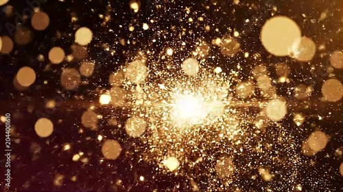 Golden sparkles float in a dark background, creating a festive and luxurious atmosphere with soft bokeh light orbs that resemble falling stardust in a magical celebration.