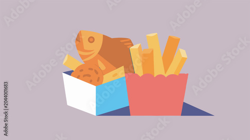 Schilderij op canvas Illustration Of Typical British Fish And Chips In A Simple Container On A Plain