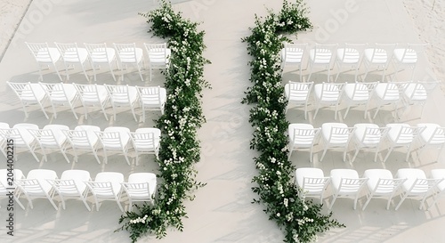 Elegant Outdoor Wedding Ceremony Seating Arrangement with Lush Greenery and White Flowers Aerial View