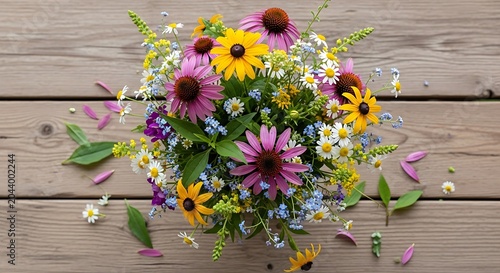 Vibrant Summer Wildflower Bouquet on Rustic Wooden Table Top View