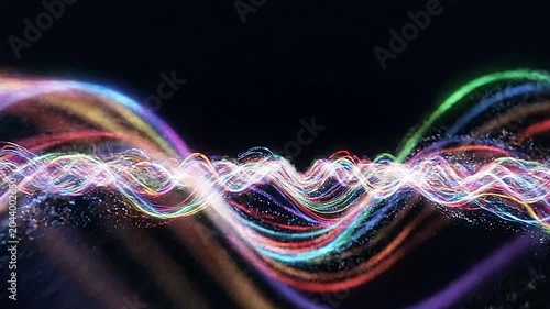 Waves of colorful light energy flow in a rhythmic pattern across a dark void, representing data transmission, futuristic technology, or complex connectivity in a digital world.